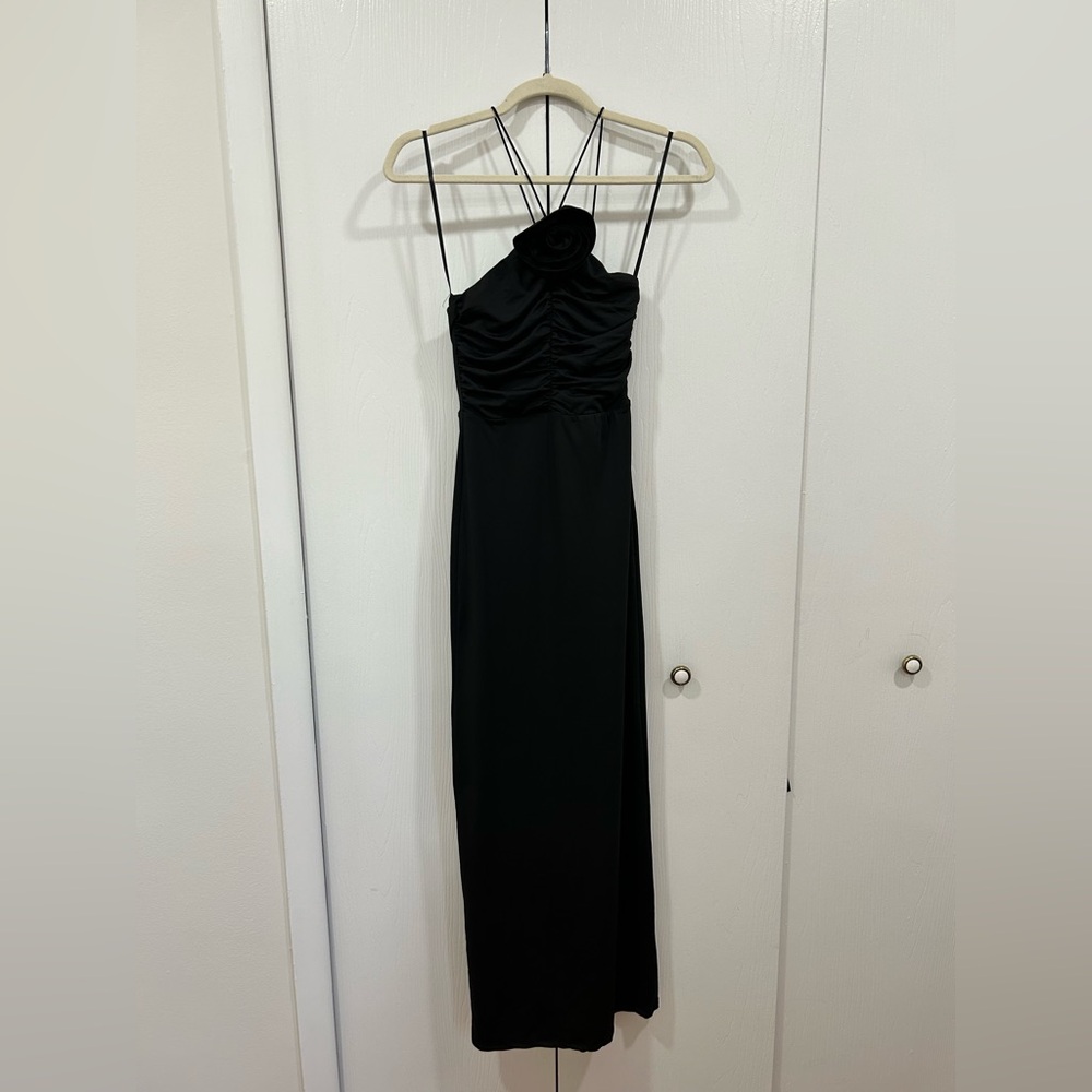 Showpo Black Ruched Asymmetric Strap Rosette Midi Dress - Size 2